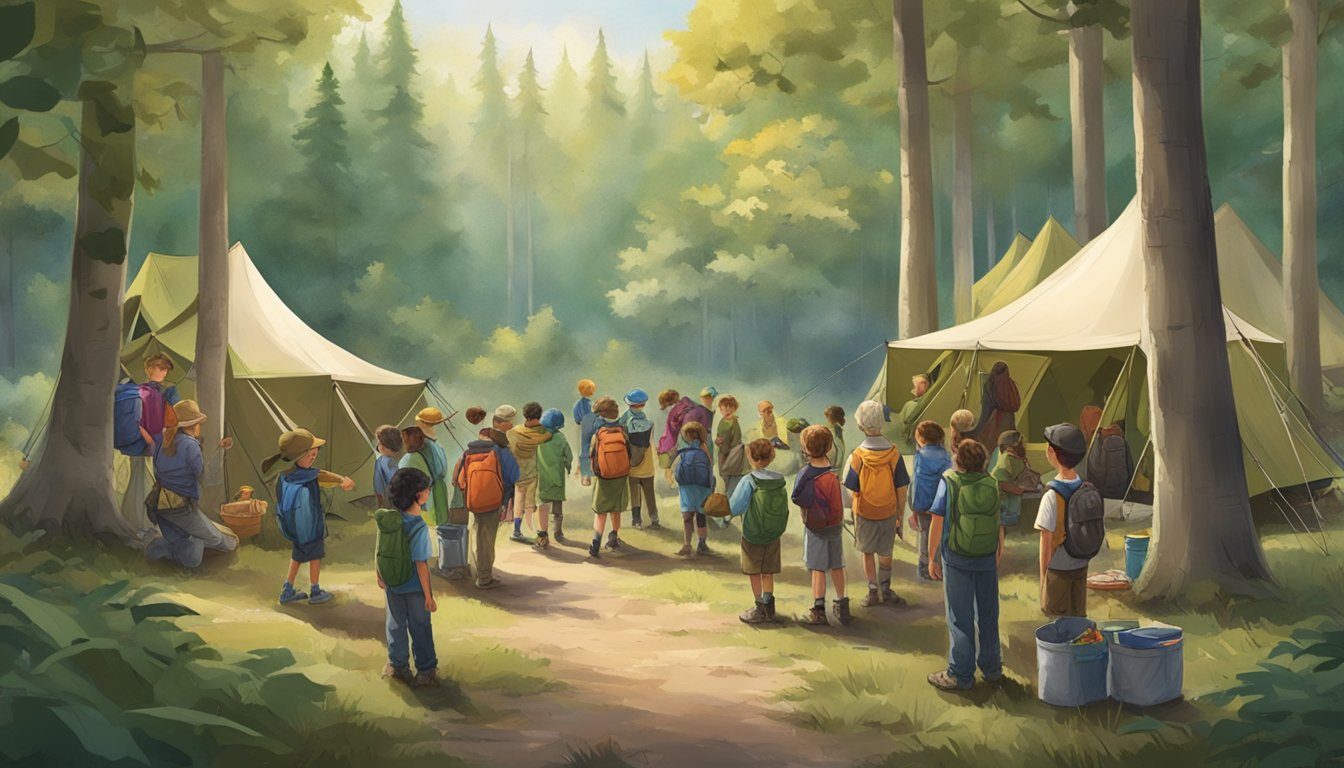 A group of children and mentors gather in a wooded area, preparing for a youth hunting event. Tents and supplies are organized, and everyone is eager and excited for the upcoming adventure