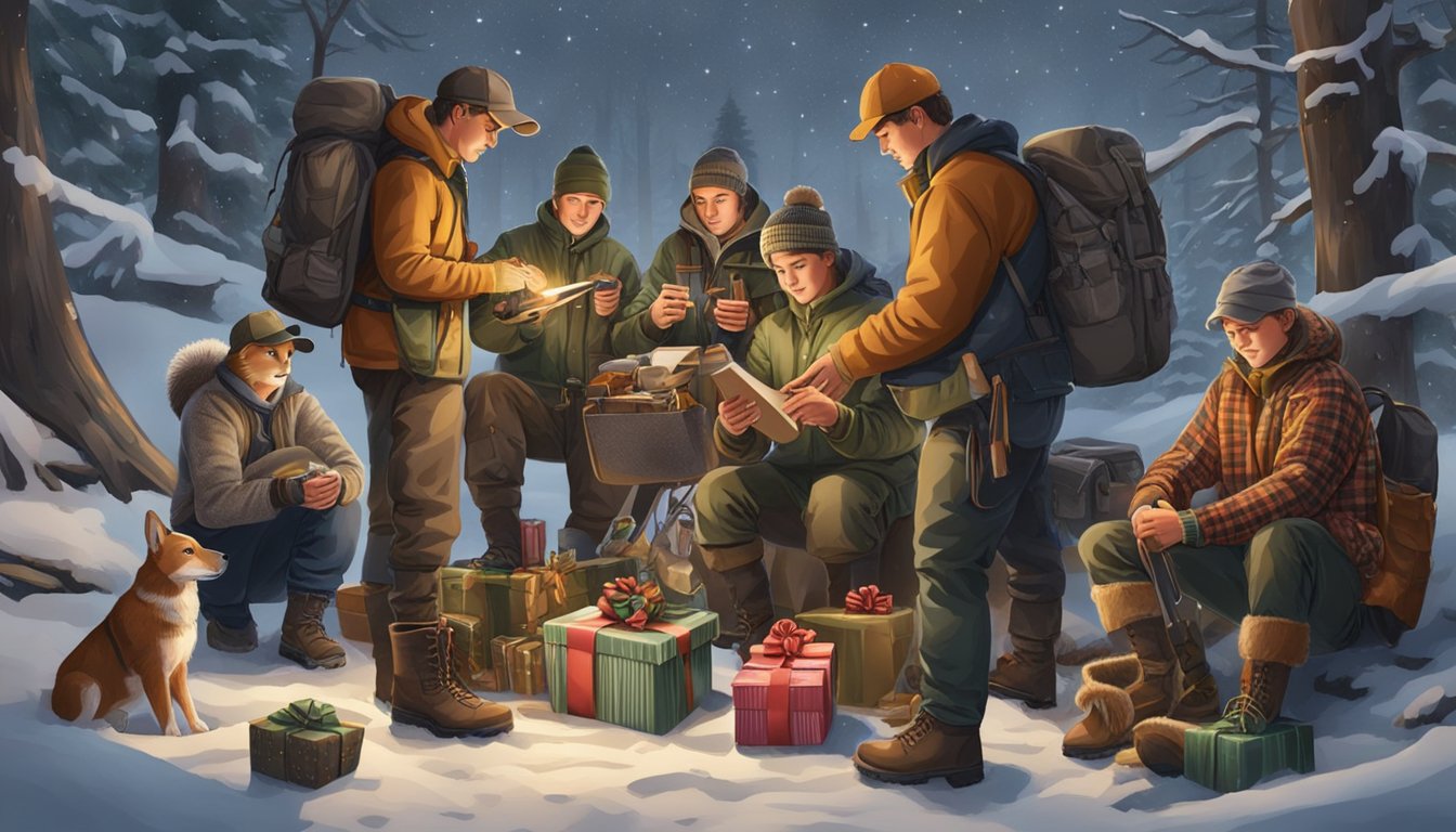 A group of young hunters opening Christmas gifts, surrounded by hunting gear and outdoor equipment