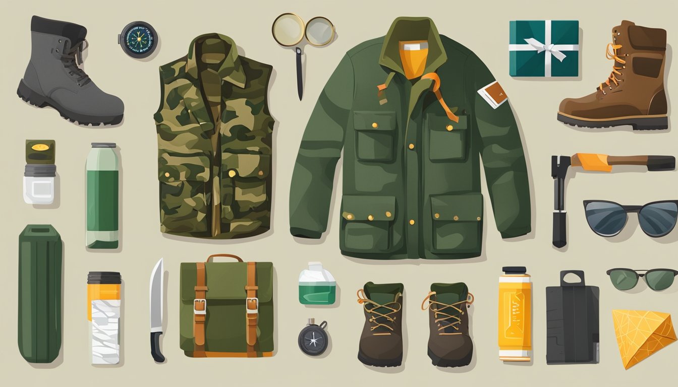 A young hunter's gear laid out: camo jacket, boots, binoculars, compass, and a hunting knife, with a wrapped present labeled "Youth Hunting Christmas Gifts."