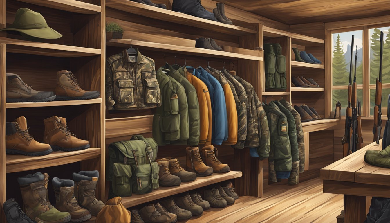 A display of youth hunting apparel on sale in a rustic outdoor setting with camouflage clothing, boots, and accessories showcased on wooden racks and shelves