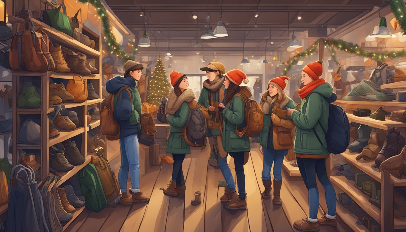 A group of young people browsing through hunting gear and outdoor equipment in a festive Christmas-themed store