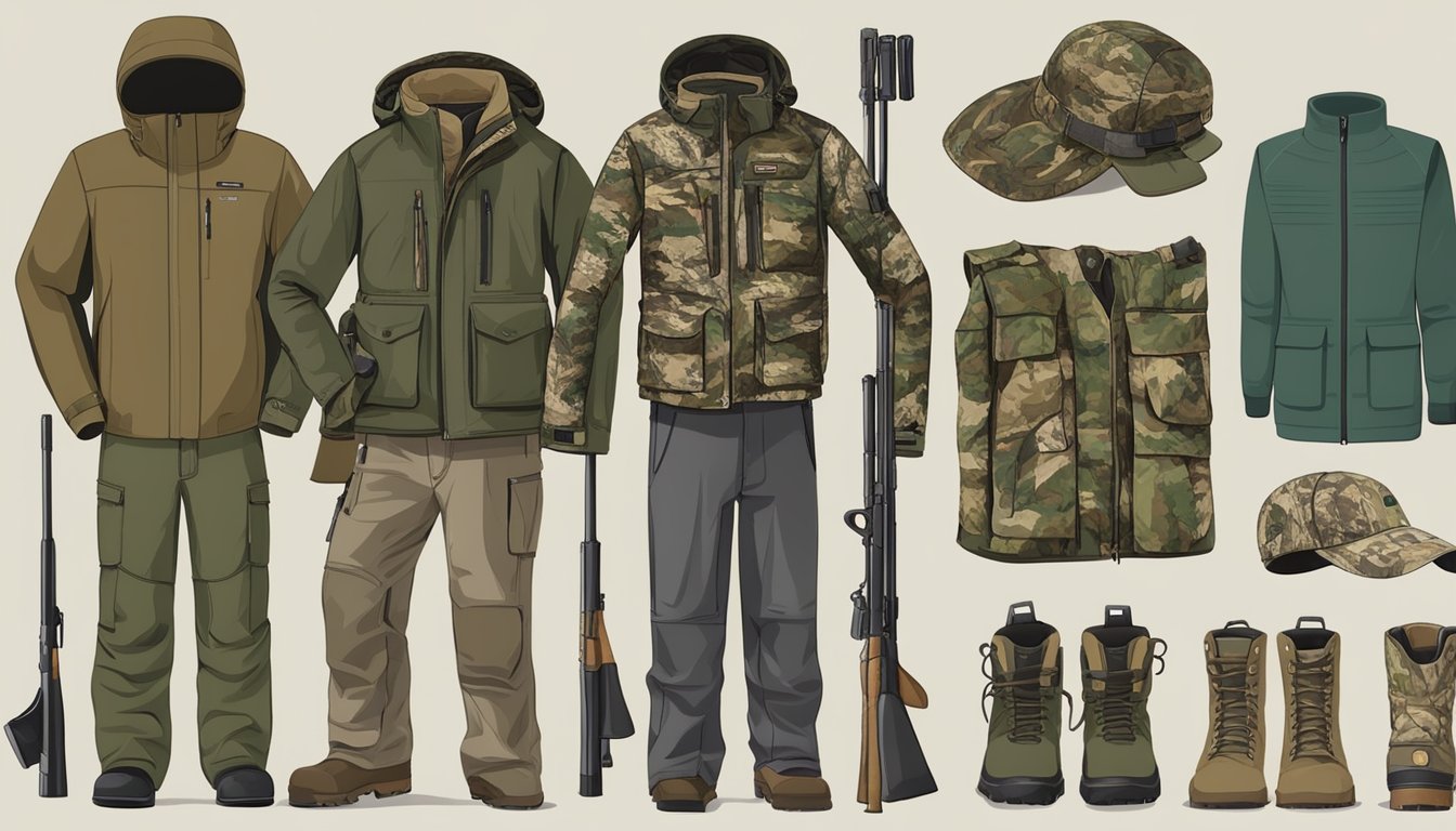 A display of youth hunting clothes from popular brands on sale, including various options of jackets, pants, and camouflage gear