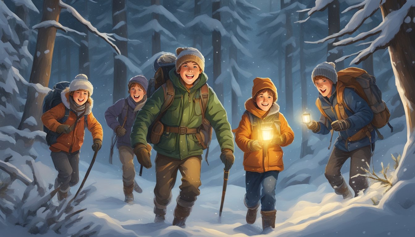 A group of young hunters excitedly search through a snowy forest for their Christmas gifts, their faces lit up with anticipation