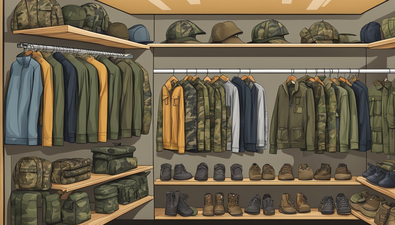 A display of youth hunting clothes on sale, with various camouflage patterns and outdoor gear arranged neatly on racks and shelves