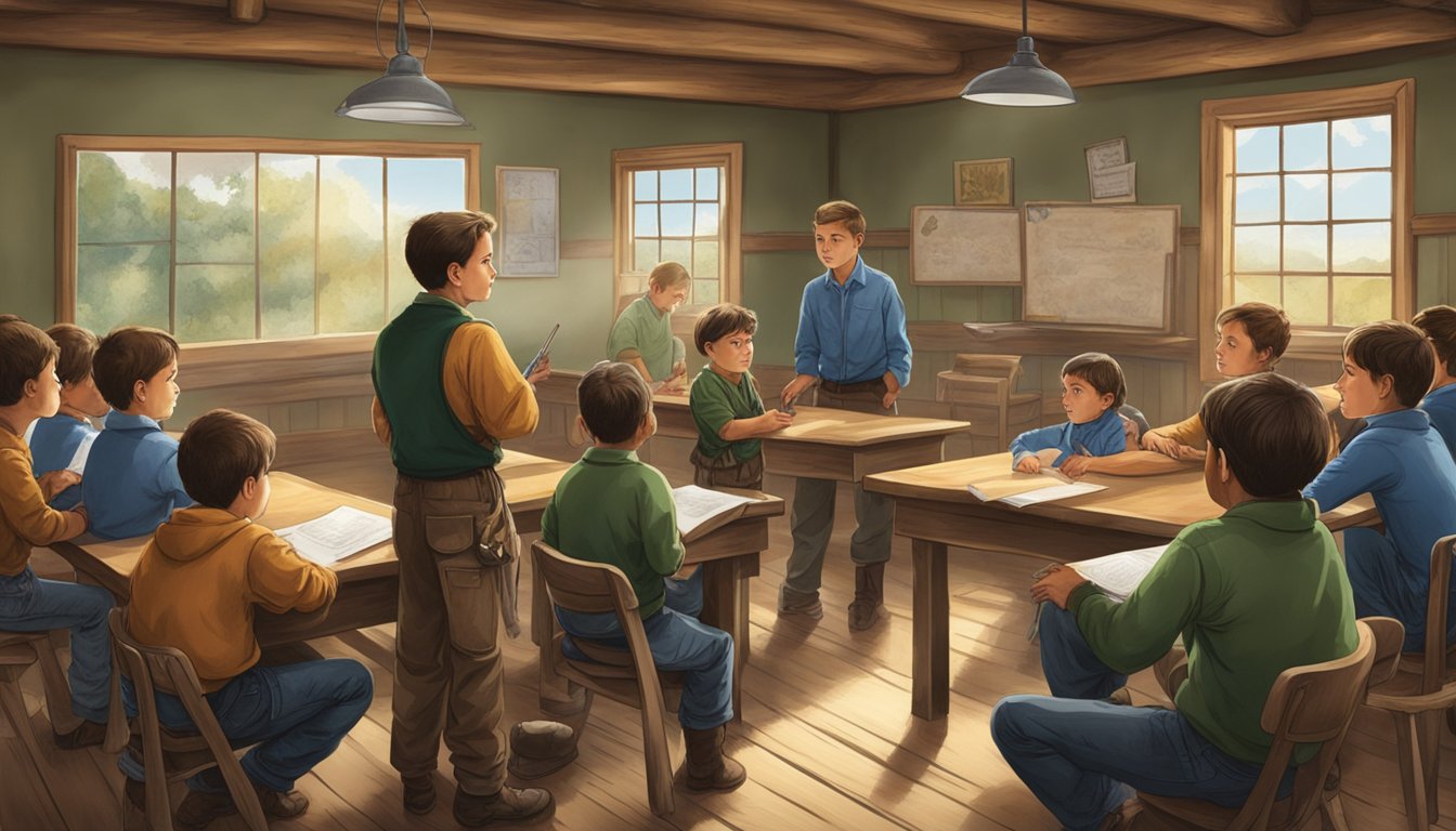 A group of young hunters-in-training listen attentively to an instructor explaining licensing and legal considerations in a rustic classroom setting