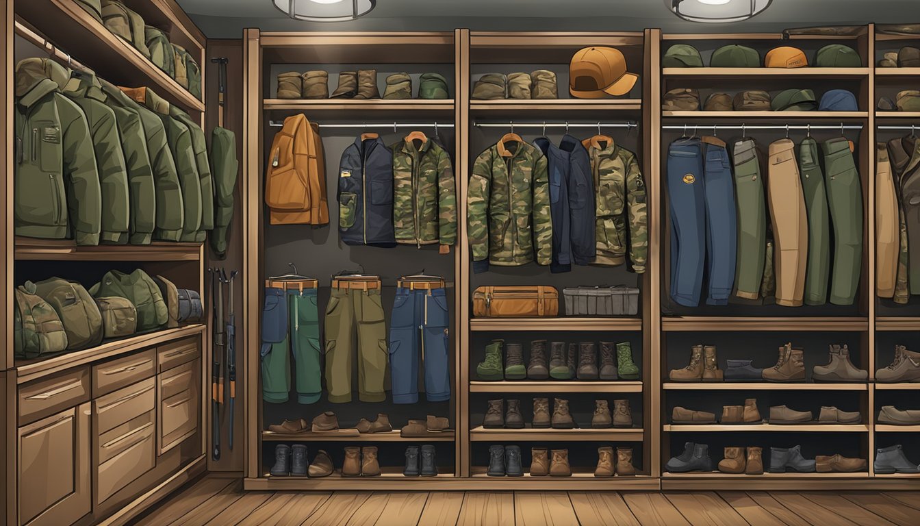 A display of youth hunting apparel on sale, including camo jackets, pants, boots, and hats, arranged neatly on racks and shelves in a hunting store