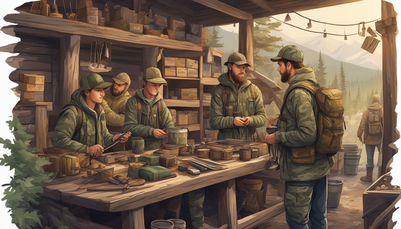 A group of young hunters in camouflage clothing examine items on sale in a rustic outdoor store