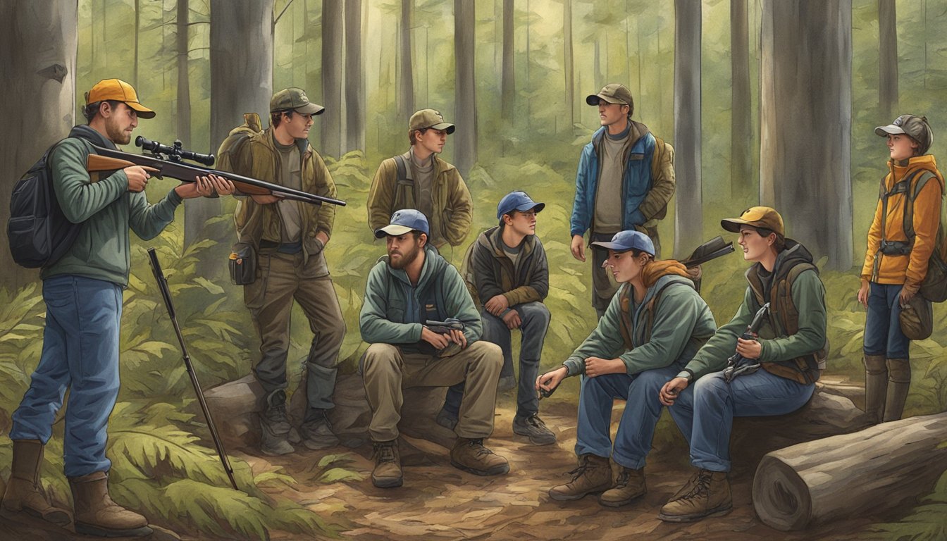 A group of young hunters gather around an instructor in a wooded area, learning about firearm safety and wildlife conservation