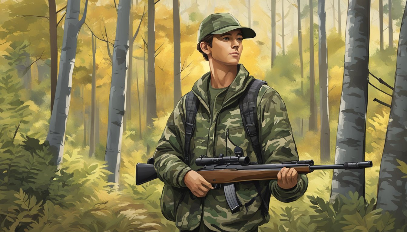 A young hunter wearing camouflage jacket, pants, and hat, carrying a rifle, standing in a forest clearing