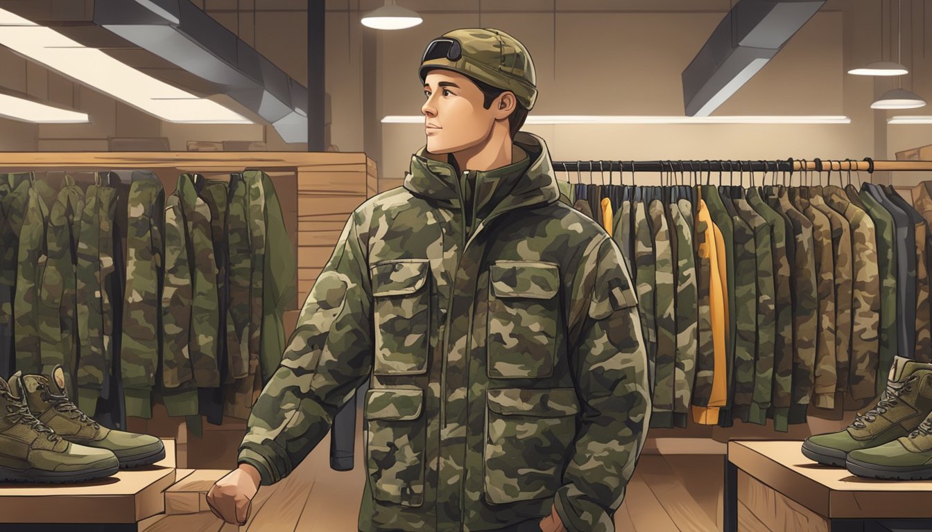 A young hunter examines various sizes of camo clothing in a well-lit outdoor store