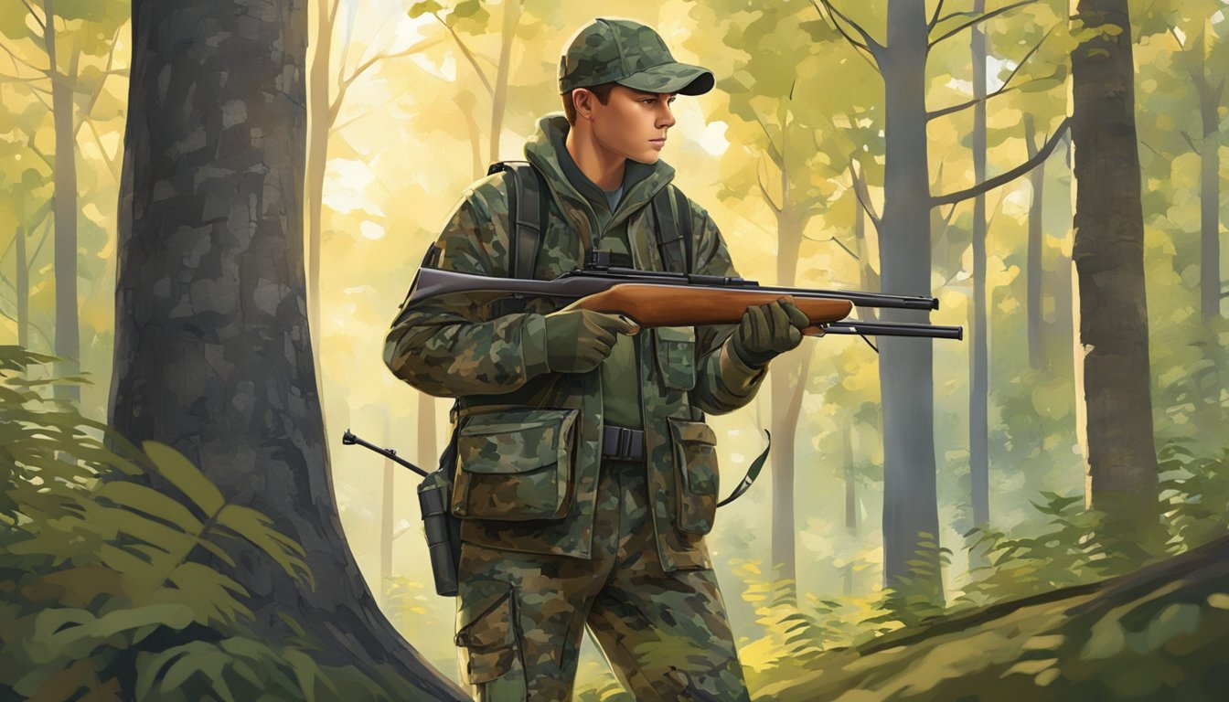 A young hunter in camouflage gear stands in a wooded area, rifle in hand, scanning the landscape for game. The early morning light filters through the trees, casting dappled shadows on the forest floor