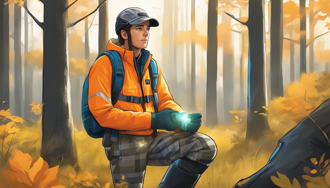 A young hunter wearing bright, reflective clothing stands in a wooded area, with a clear emphasis on safety gear and precautions