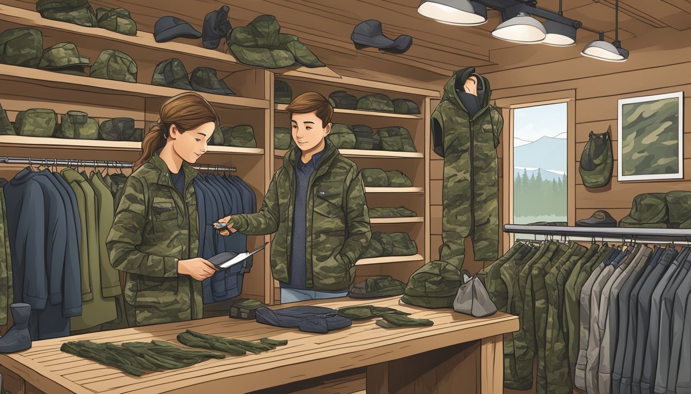 A young hunter selecting camouflage clothing in a Canadian outdoor store