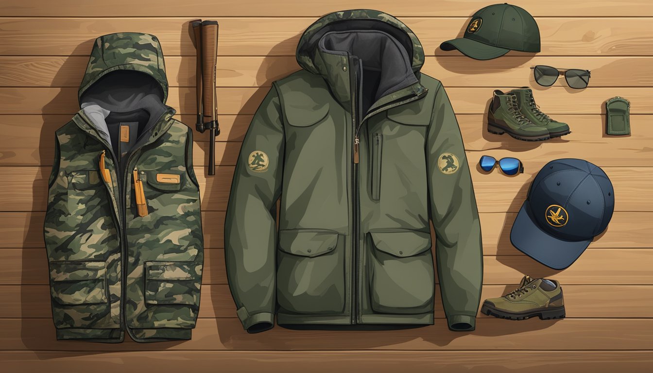 A young hunter's apparel laid out on a wooden table, including camouflage jacket, pants, boots, and a cap with a hunting logo