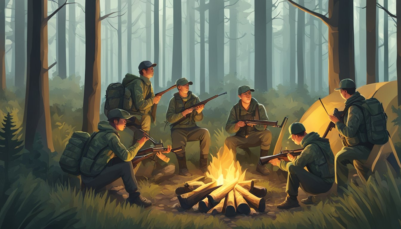 A group of young hunters wearing camouflage clothing and carrying rifles, gathered around a campfire in a forest clearing