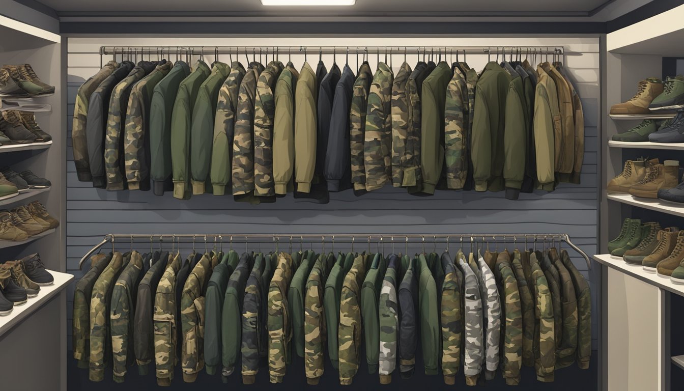 A Canadian outdoor store displays racks of youth hunting clothes in various sizes and camouflage patterns