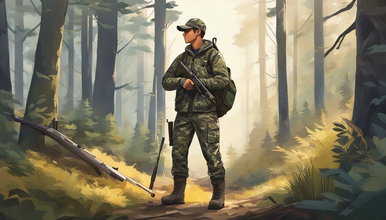 A young hunter wearing Under Armour camo jacket and pants, with a cap and boots, holding a rifle, standing in a forest clearing