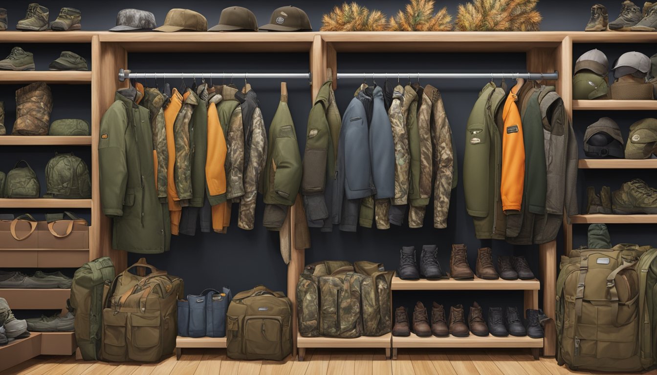 A variety of youth hunting clothes and gear displayed in a Canadian outdoor store