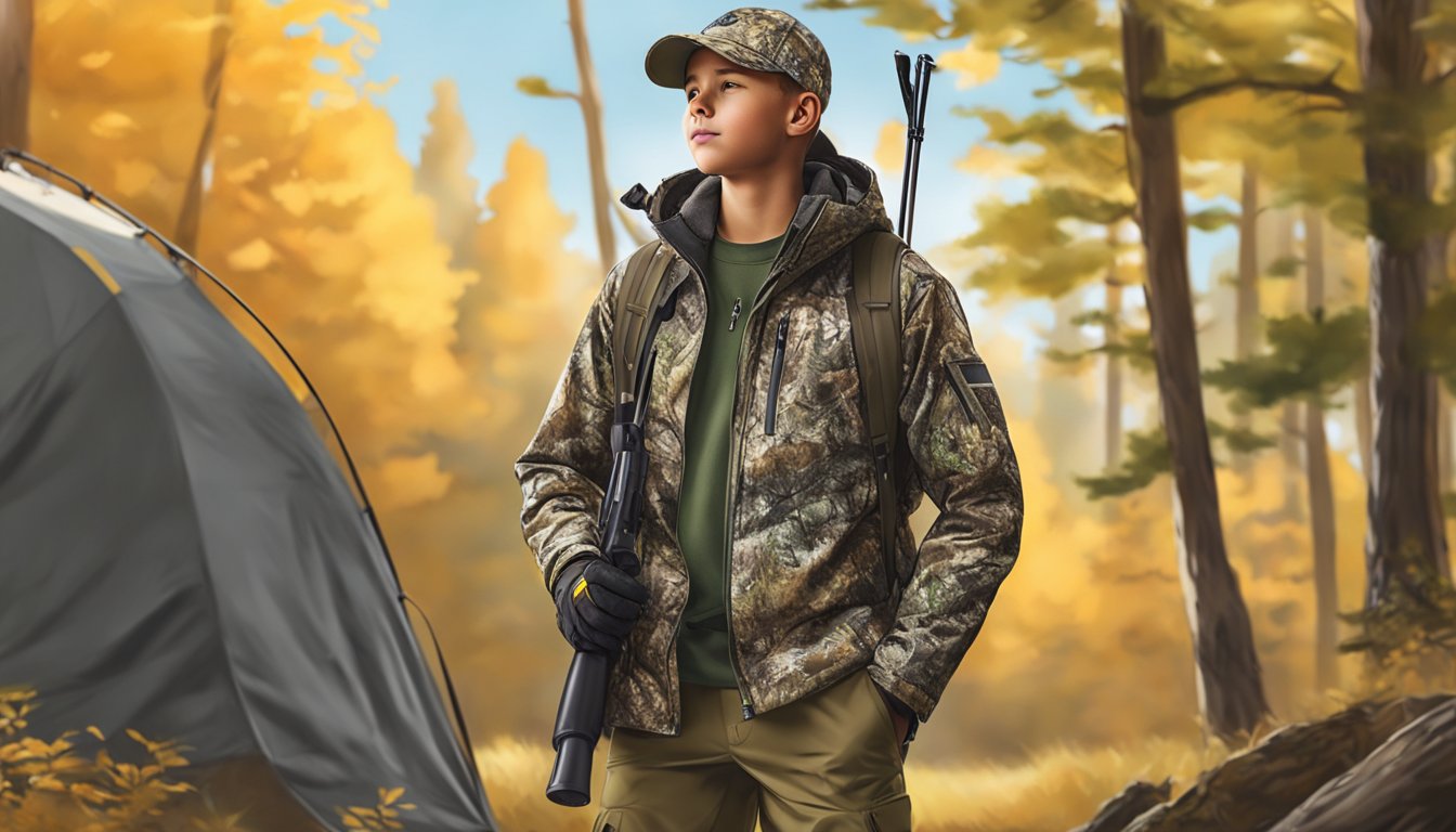 A young hunter examines Under Armour youth hunting clothes for quality and comfort in a well-lit outdoor setting