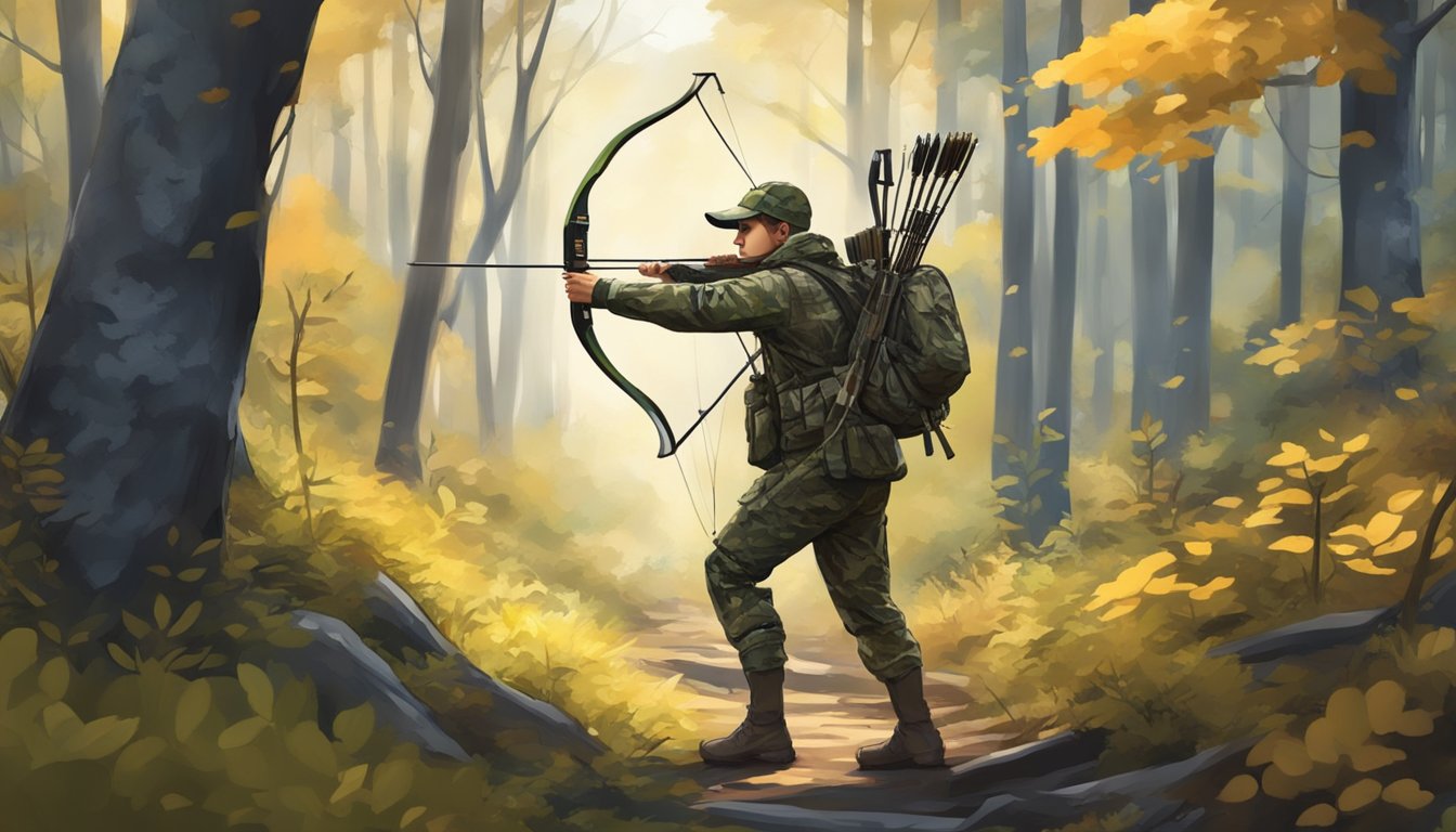 A young hunter in specialized camouflage clothing blends into the forest, equipped with a bow and arrow, moving silently through the trees