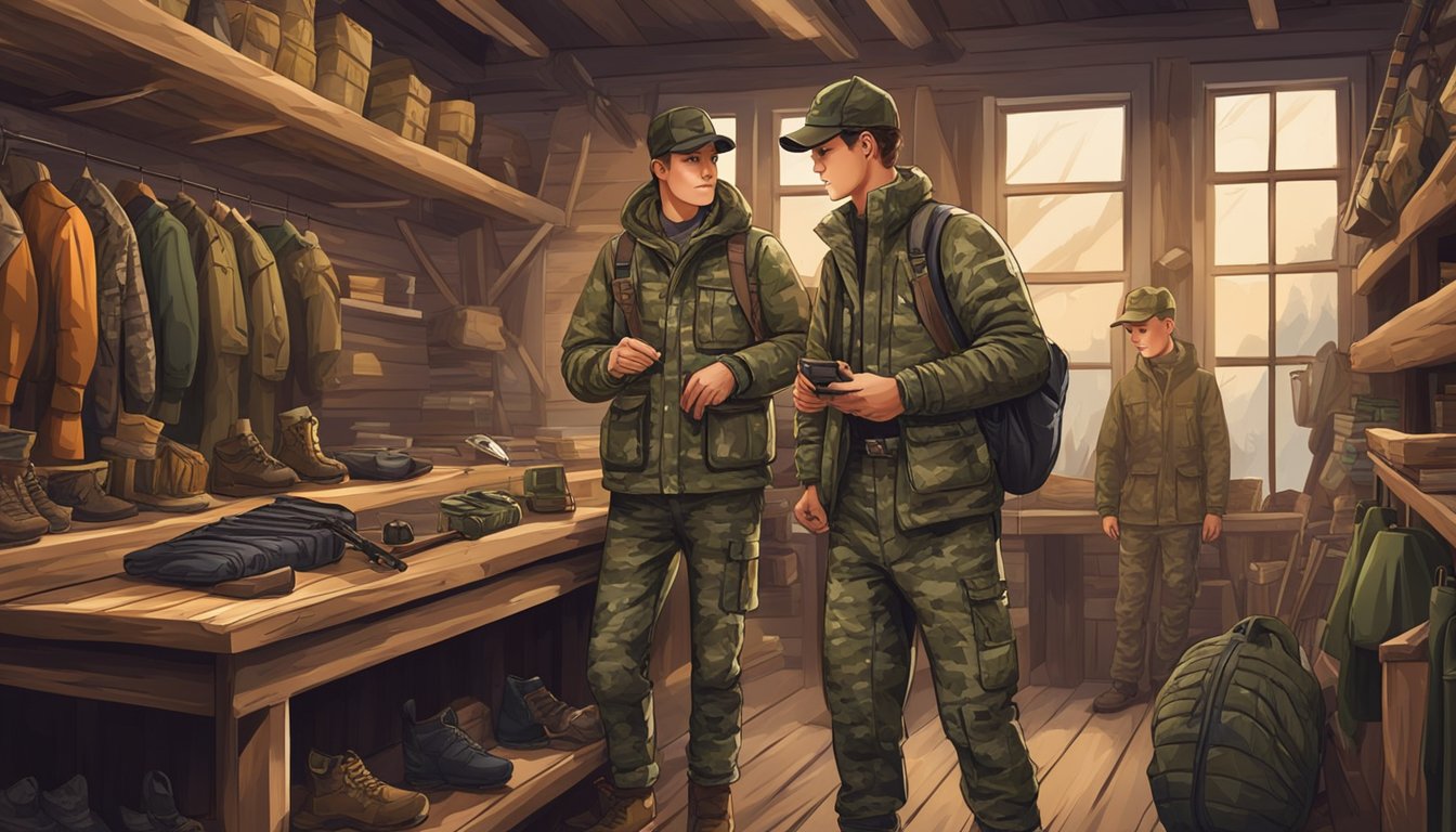 A group of young hunters in camouflage gear shop for discounted hunting clothes in a rustic outdoor store