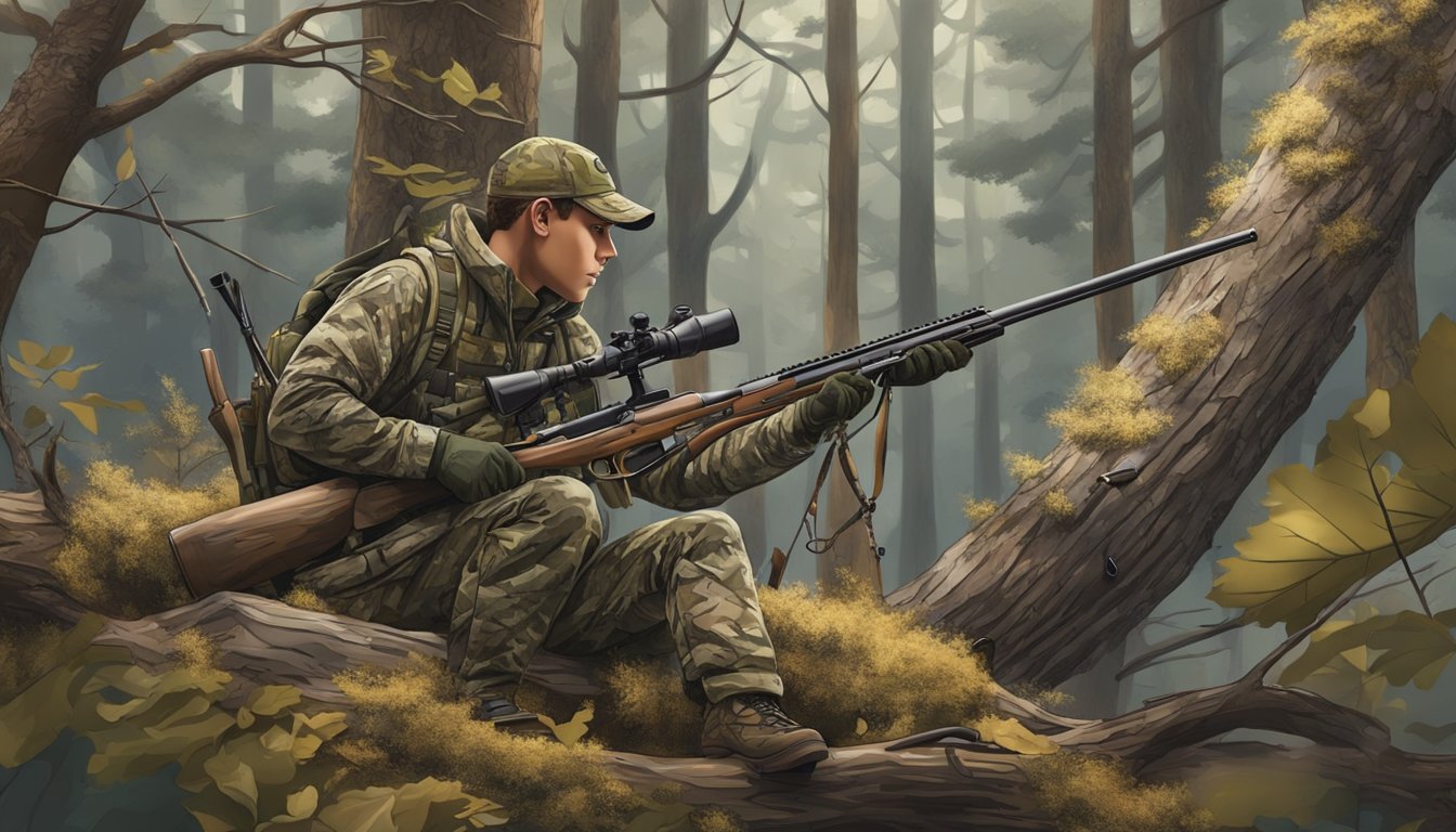 A young hunter's camouflage under armour hangs on a tree branch, surrounded by hunting gear and equipment