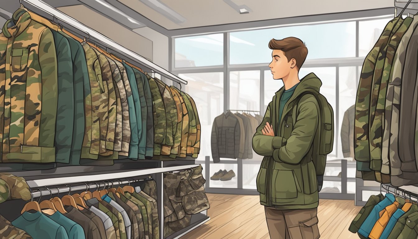 A young hunter trying on various camouflaged clothing options in a store, with racks of discounted youth hunting clothes in the background