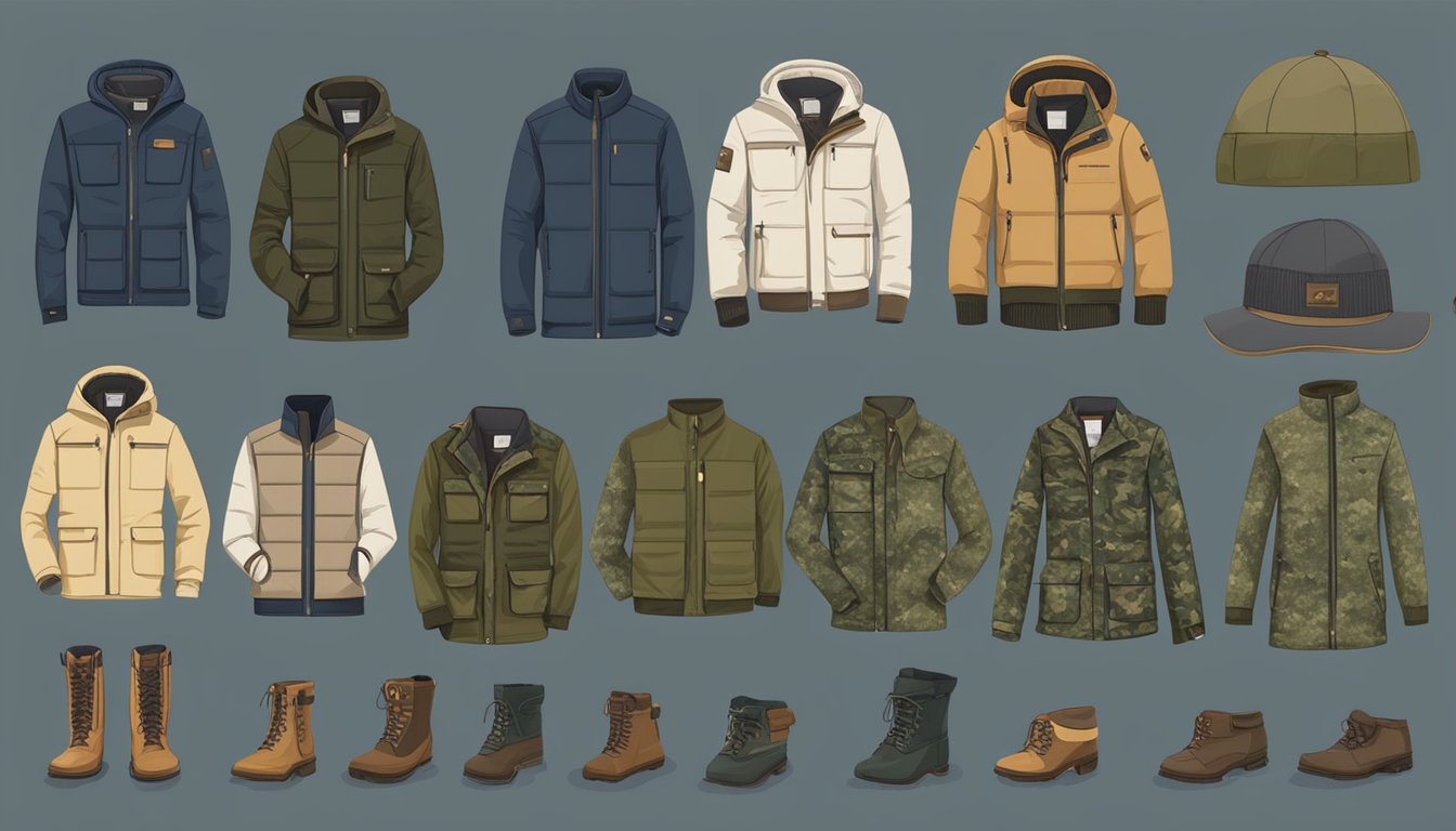 A display of youth hunting clothes from popular brands, with discount tags and various options