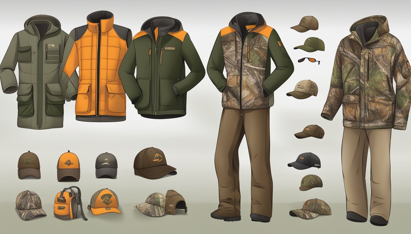 A display of youth hunting apparel with discounted prices and promotional signs