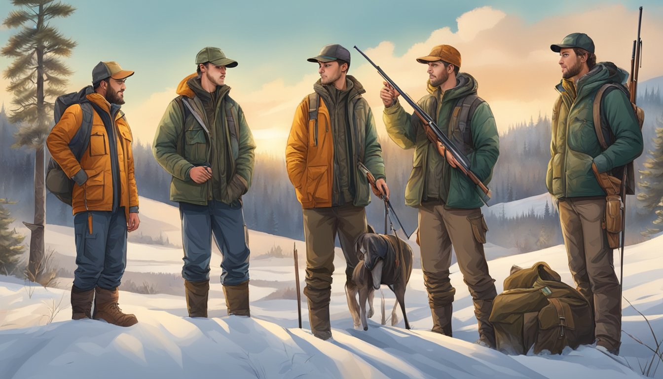 A group of young hunters sorting through a variety of hunting apparel, taking advantage of a discount offer