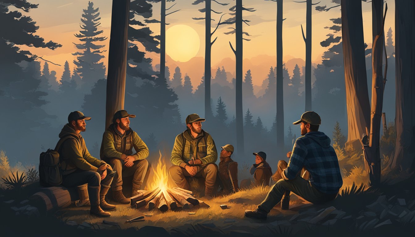 A group of young hunters gather around a campfire, preparing for a day of hunting. The sun rises over the forest as they discuss safety and ethical hunting practices