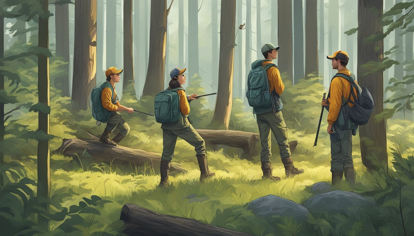 A group of young hunters learning about safety and ethics in a forest clearing, surrounded by trees and wildlife