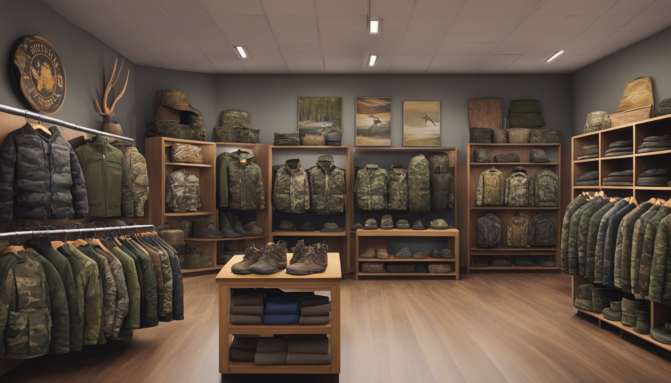 A display of youth hunting apparel in a local store, featuring camouflage jackets, pants, and hats in various sizes and styles