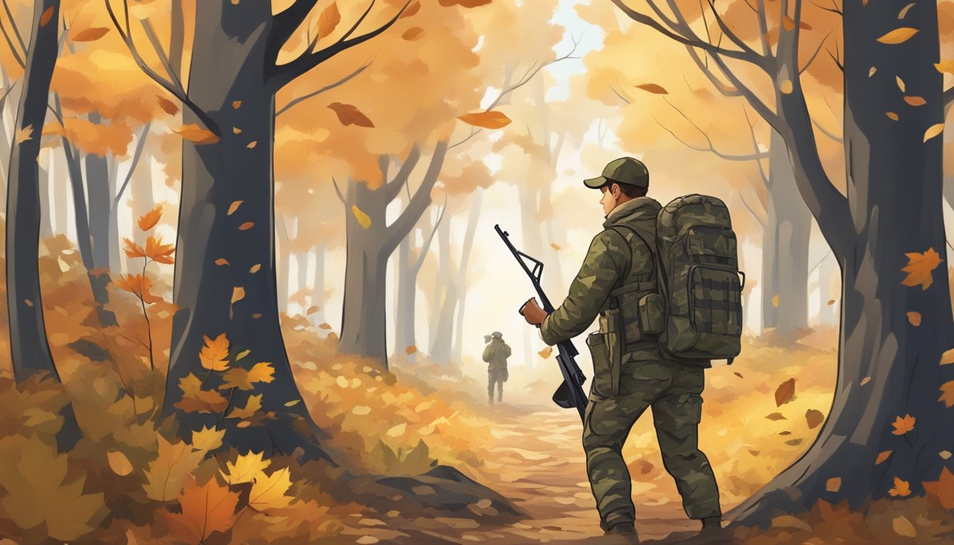 A young hunter in camouflage clothing walks through a forest, surrounded by autumn leaves and bare branches. A rifle is slung over their shoulder as they search for game