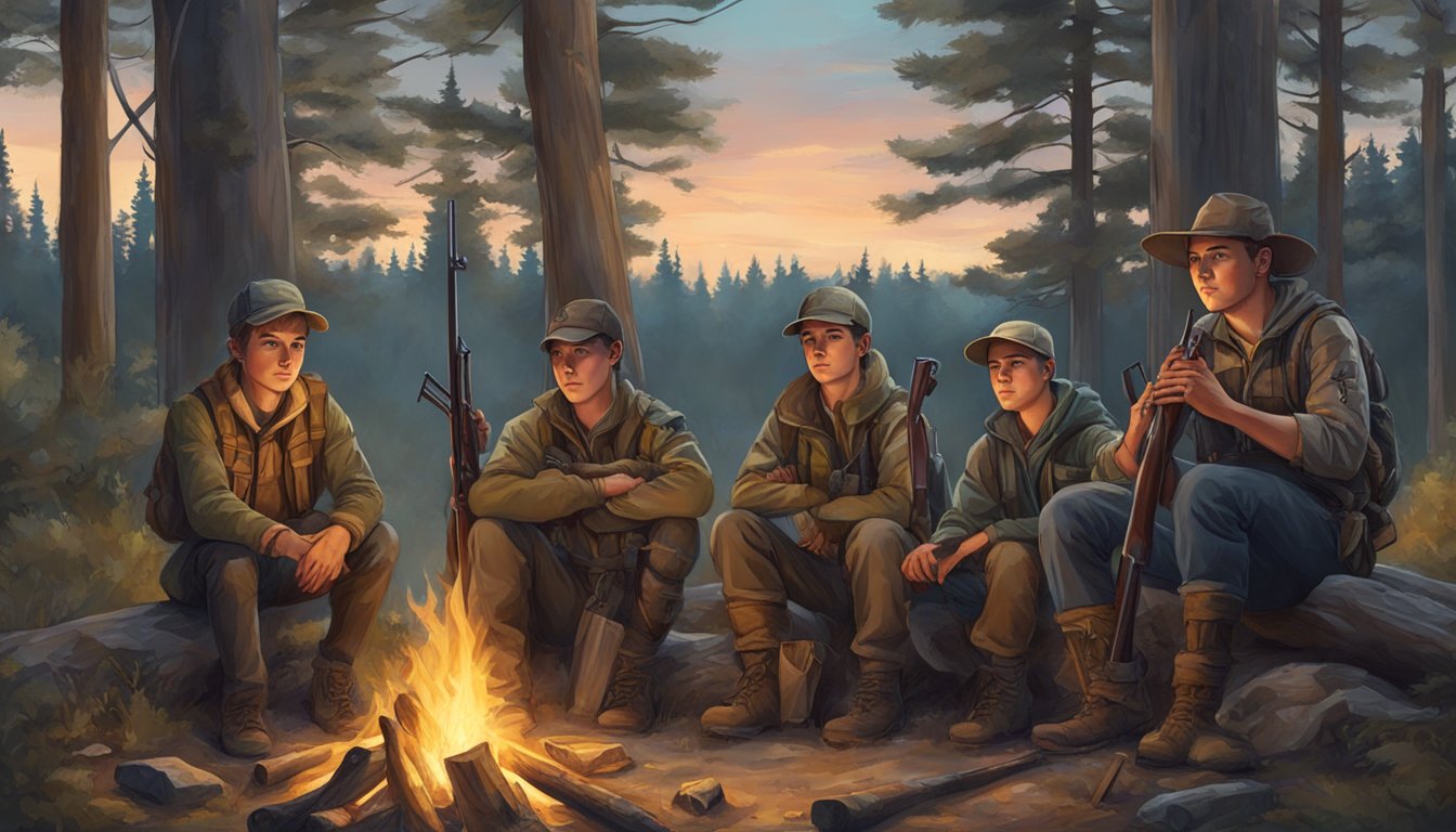 A group of young hunters gather around a campfire in the woods, their hunting gear and rifles leaning against nearby trees