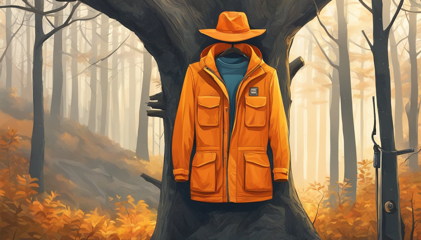 A bright orange hunting jacket and hat hang on a tree branch in a dense forest, with the sun shining through the trees