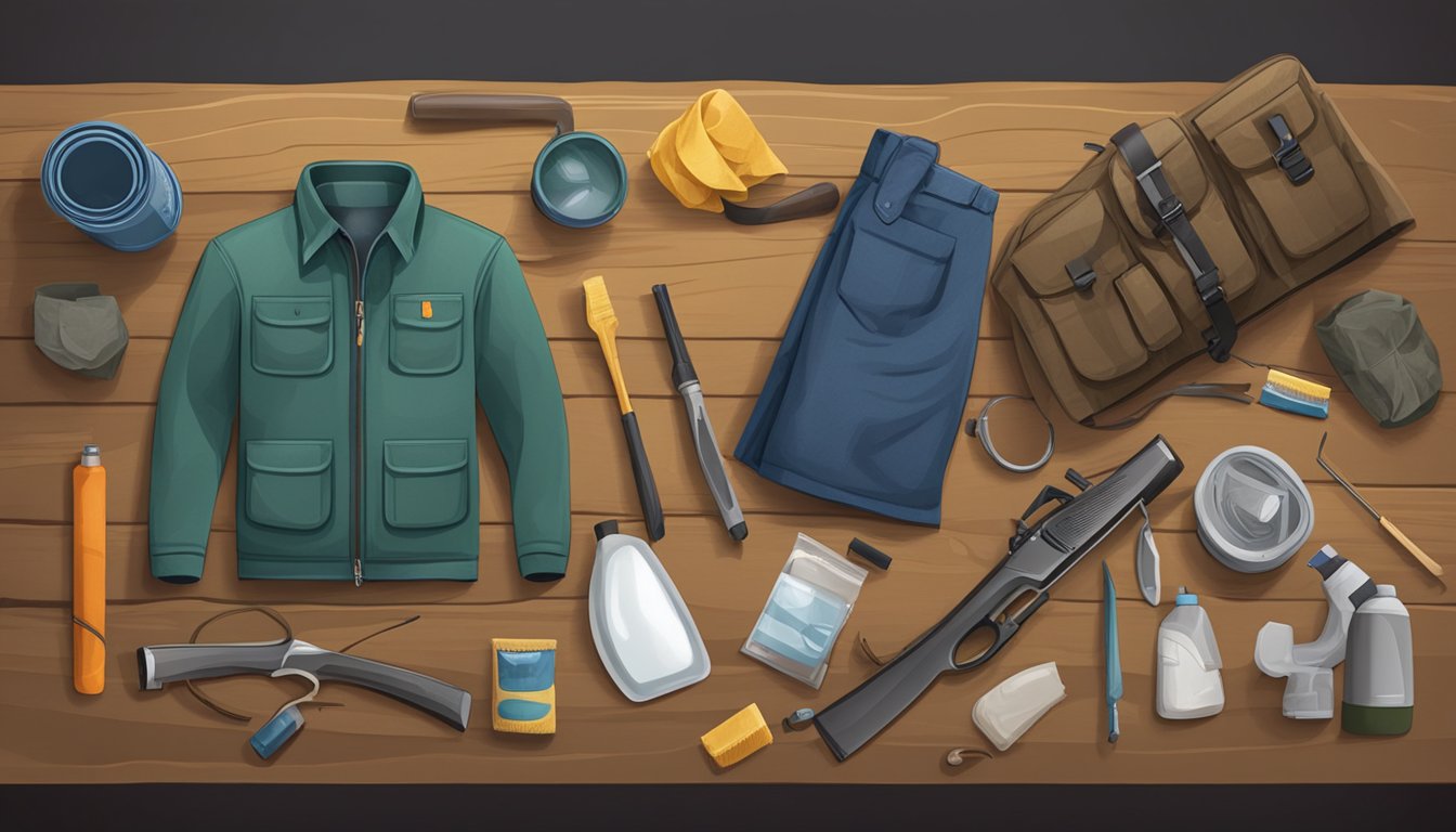 A pair of youth hunting clothes laid out on a wooden table, surrounded by a variety of cleaning and maintenance supplies