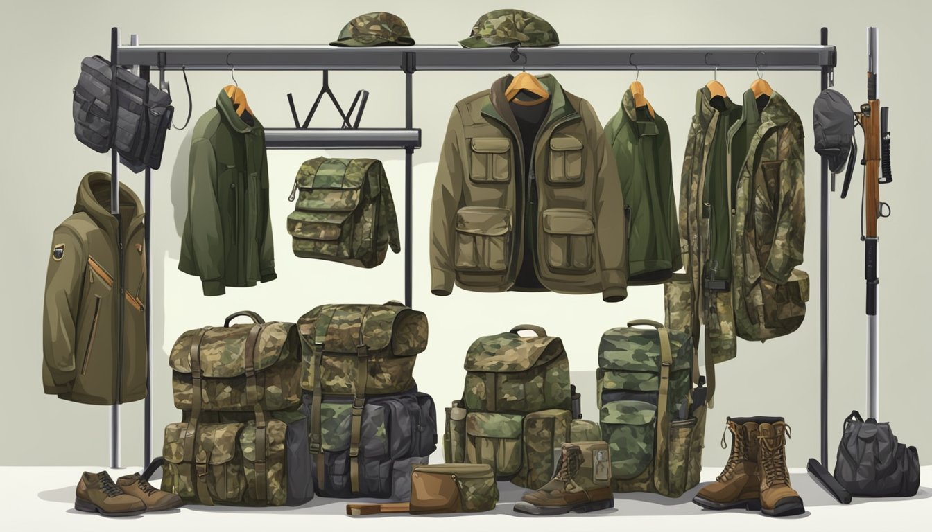 A rack of youth hunting clothes displayed in a store, surrounded by camouflage gear and hunting accessories