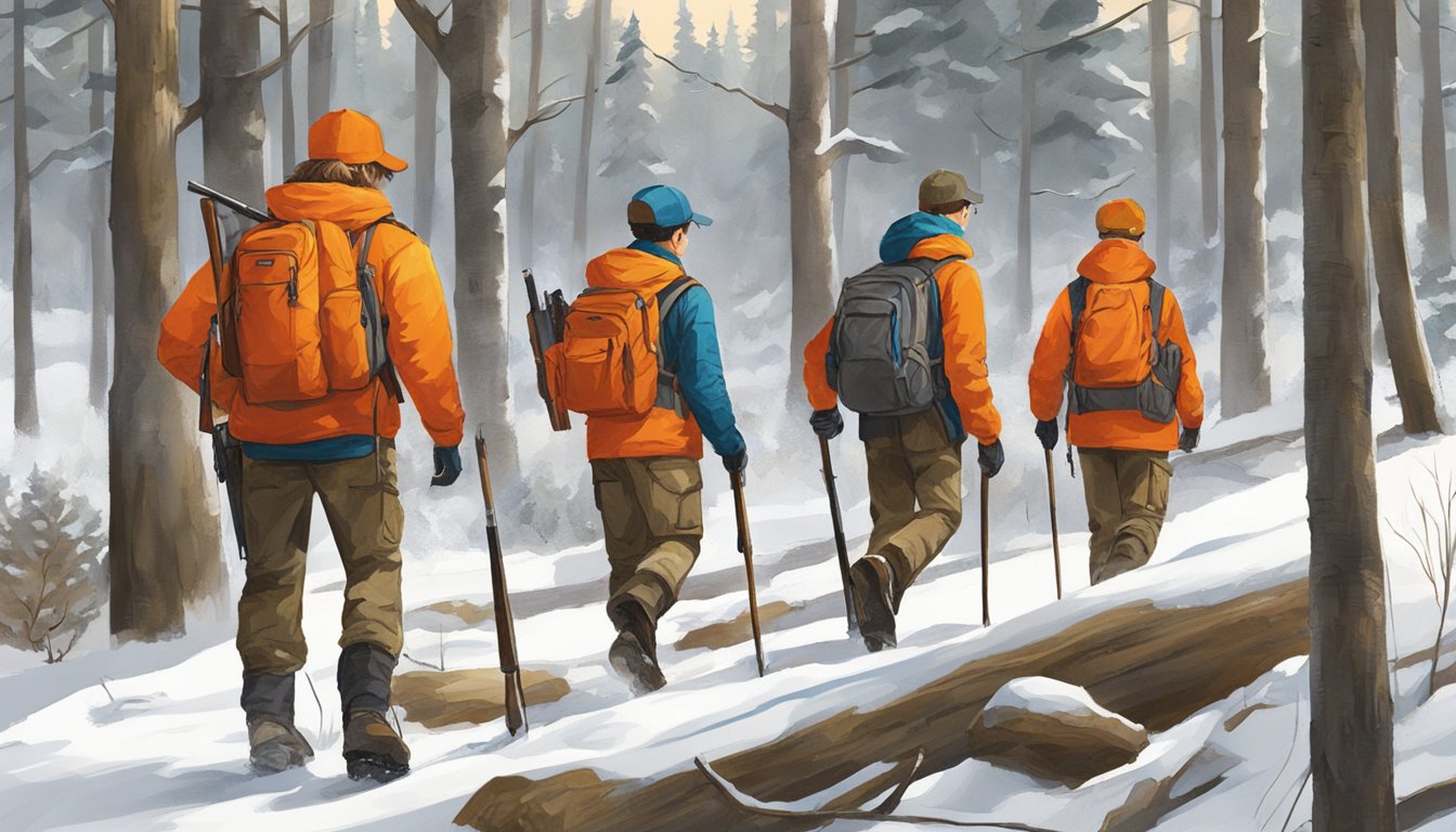 A group of youth hunters dressed in bright orange apparel, carrying hunting gear, navigate through the woods