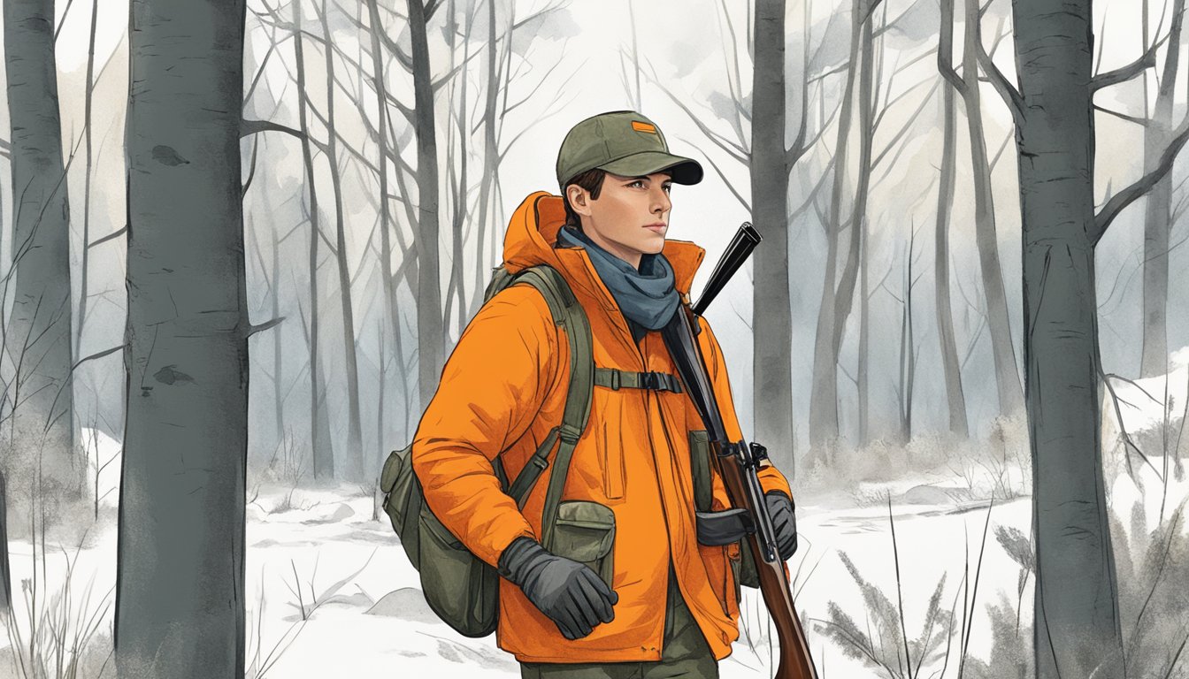 A young hunter stands in a forest clearing, wearing bright orange hunting clothes, with a rifle slung over their shoulder