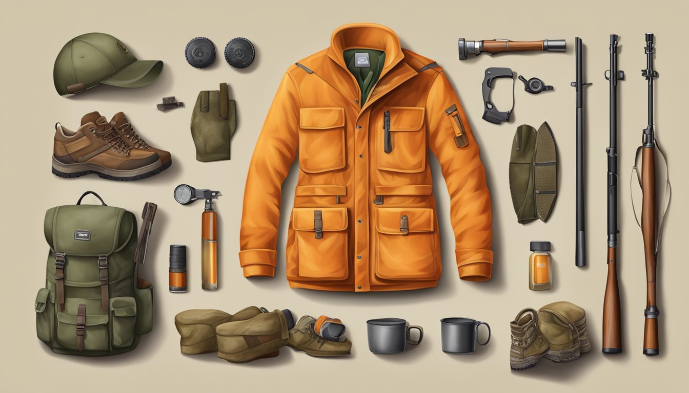 A young hunter's orange hunting clothes laid out with gear