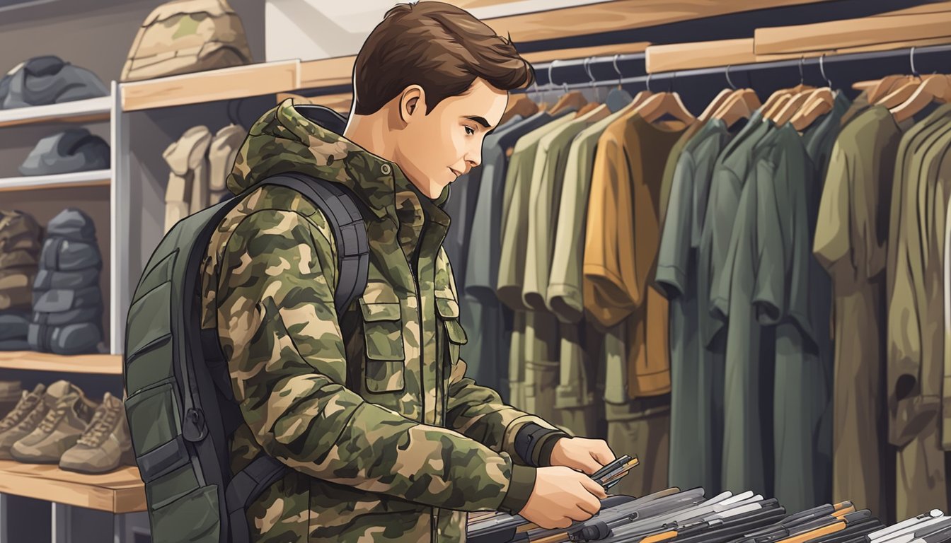 A young hunter in camouflage gear shops for youth hunting clothes on sale at an outdoor store