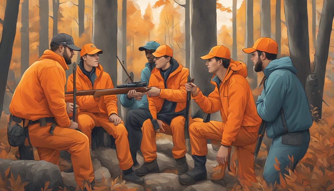 A group of young hunters wearing bright orange clothing gather for a hunting safety and education session in a wooded area