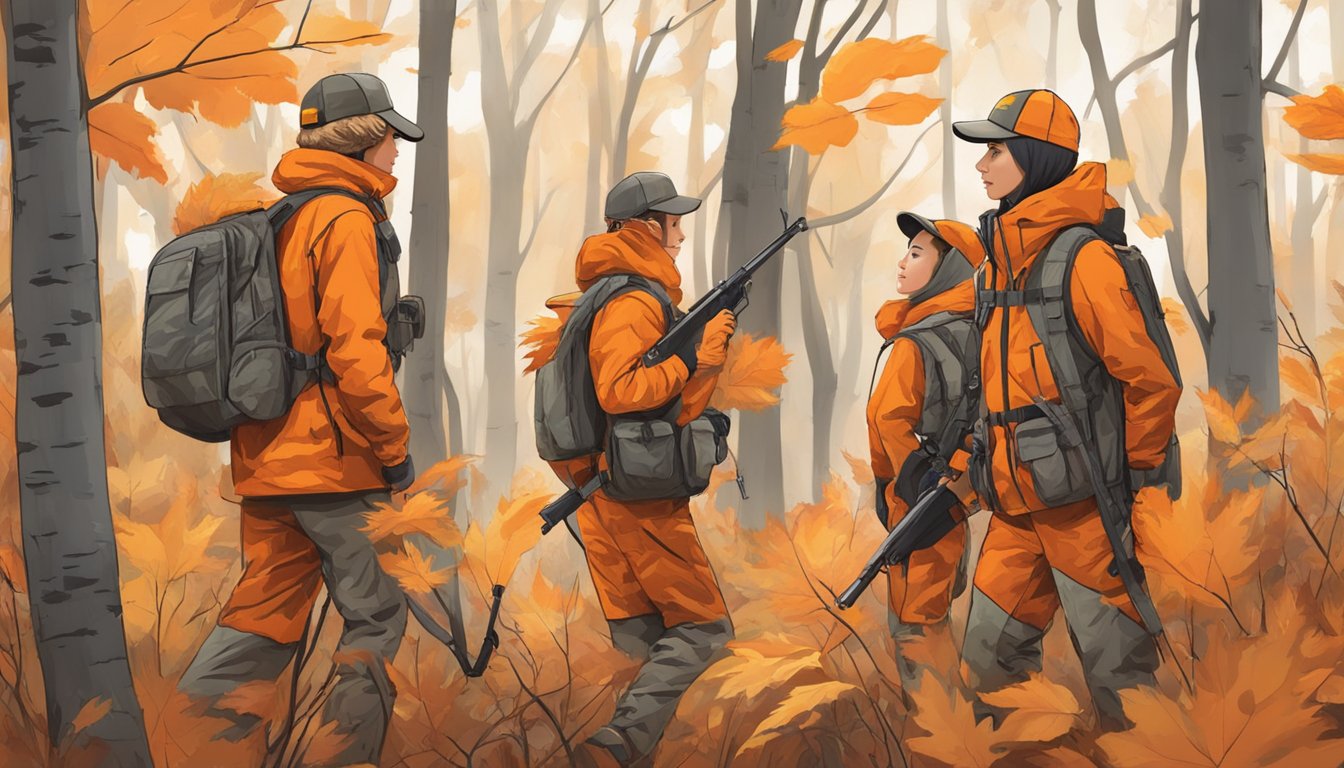 A group of youth hunters wearing orange camouflage clothes blend into the autumn forest, their outfits providing both visibility and concealment