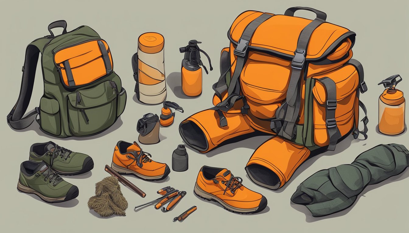 A young hunter's backpack with orange hunting clothes and essential gear laid out on the ground