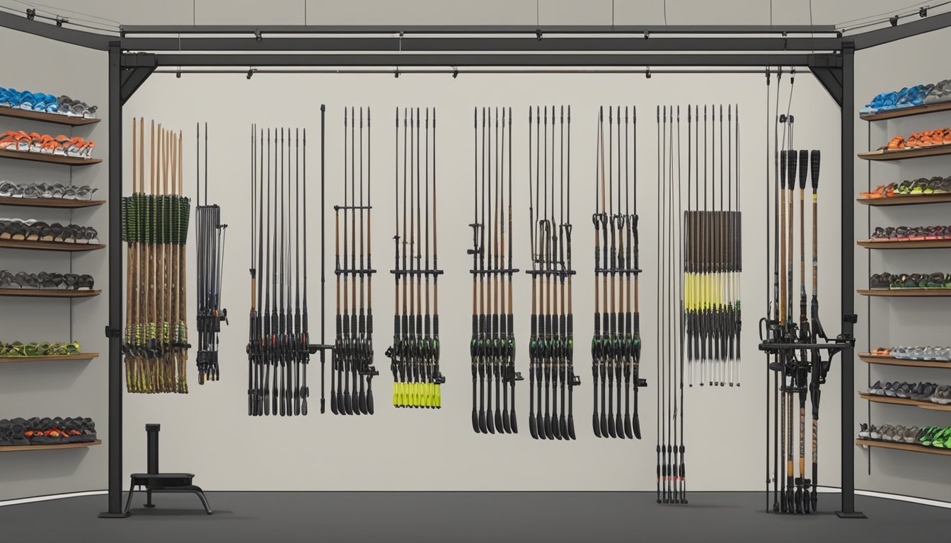 A youth hunting compound bow displayed with prominent brands and models in a well-lit, organized setting