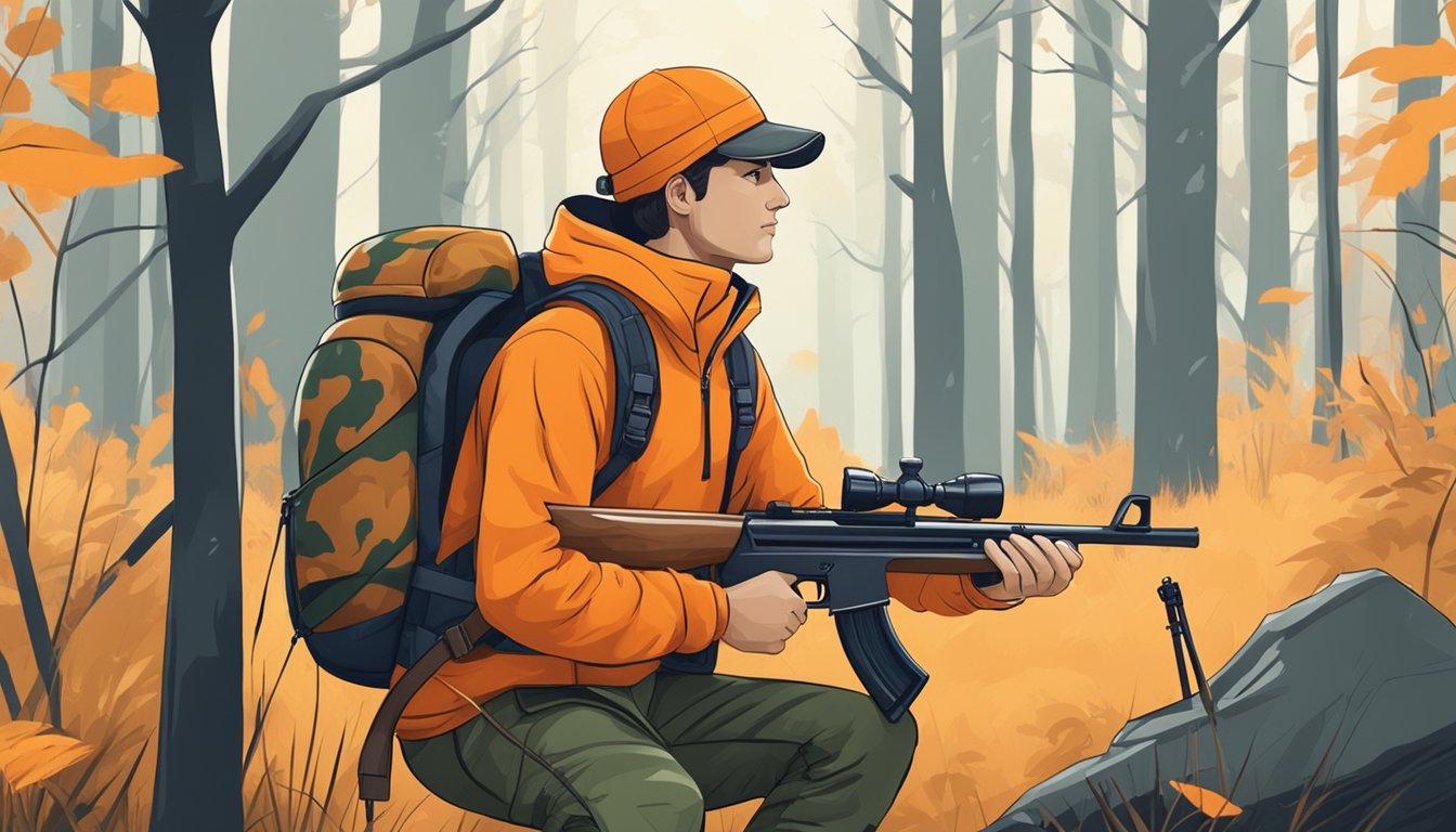 A young hunter in orange clothes prepares gear for hunting, with a rifle and camouflage backpack in a forest clearing