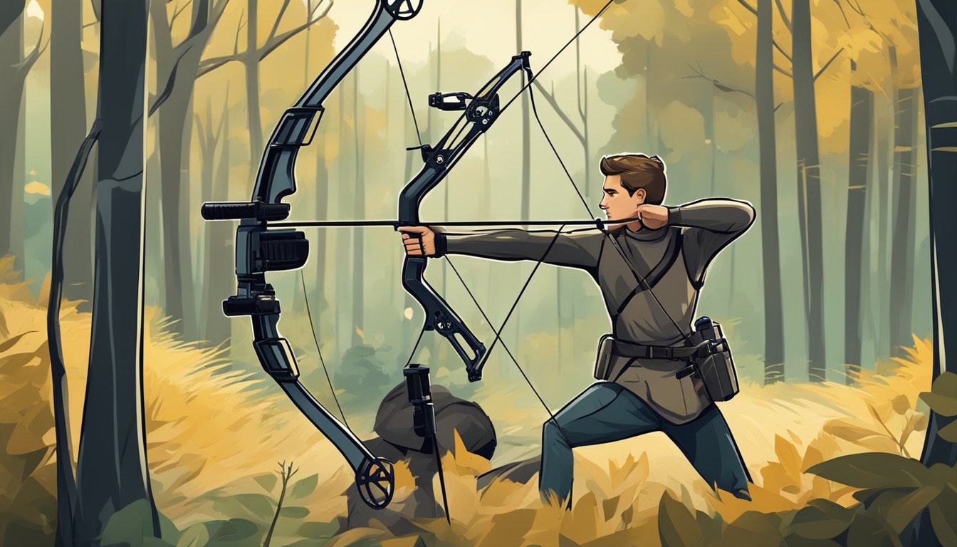 A young archer draws back a compound bow, focused on a target in a wooded area, surrounded by equipment and targets for skill development