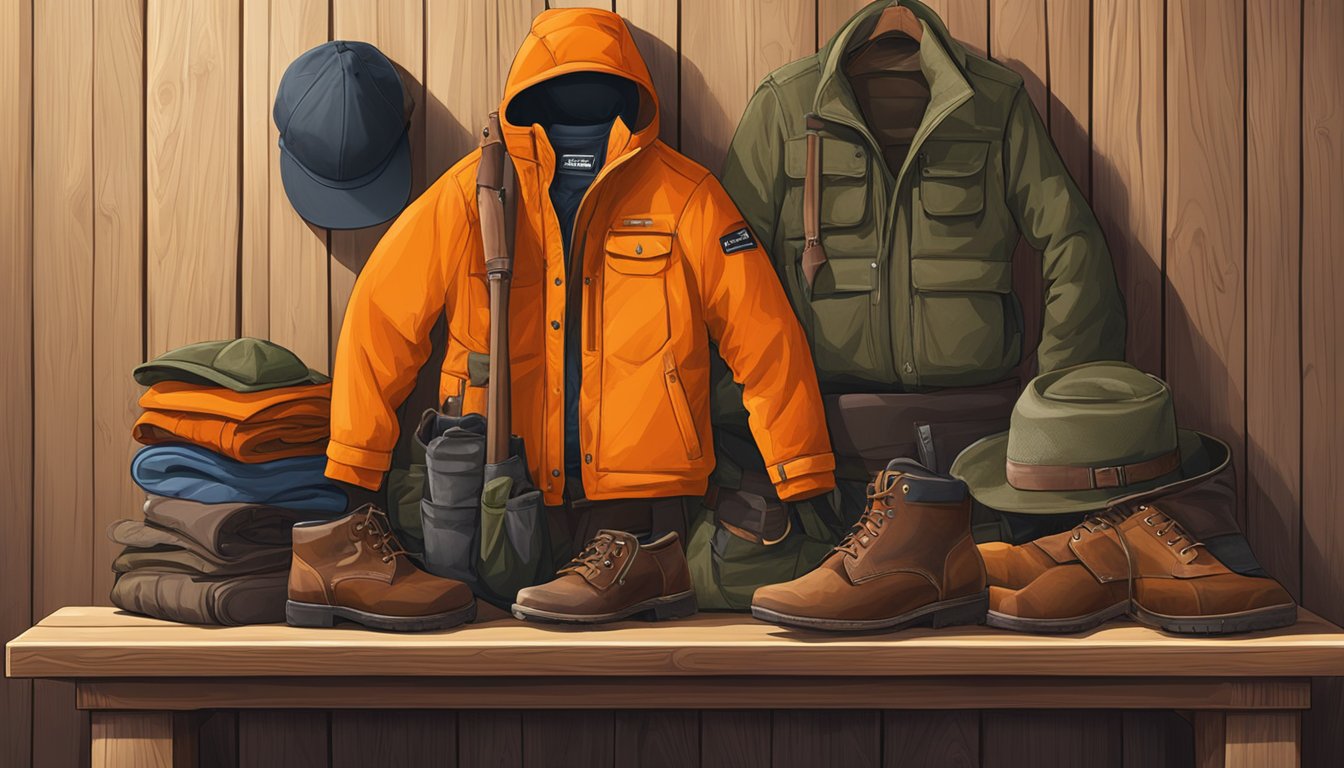 A pile of youth hunting attire in bright orange, including jackets, pants, and hats, neatly arranged on a wooden table