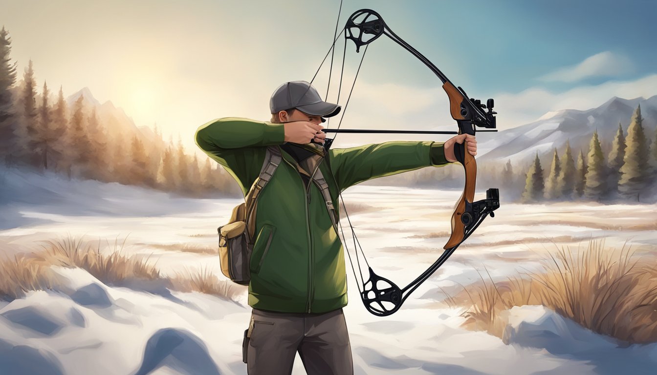 A youth hunter carefully aims a compound bow at a target in a safe and ethical manner, with proper supervision and adherence to hunting regulations